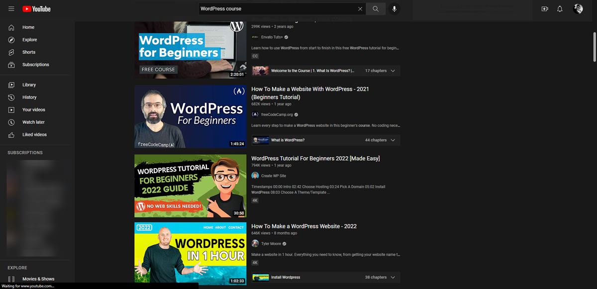 WordPress courses on YouTube