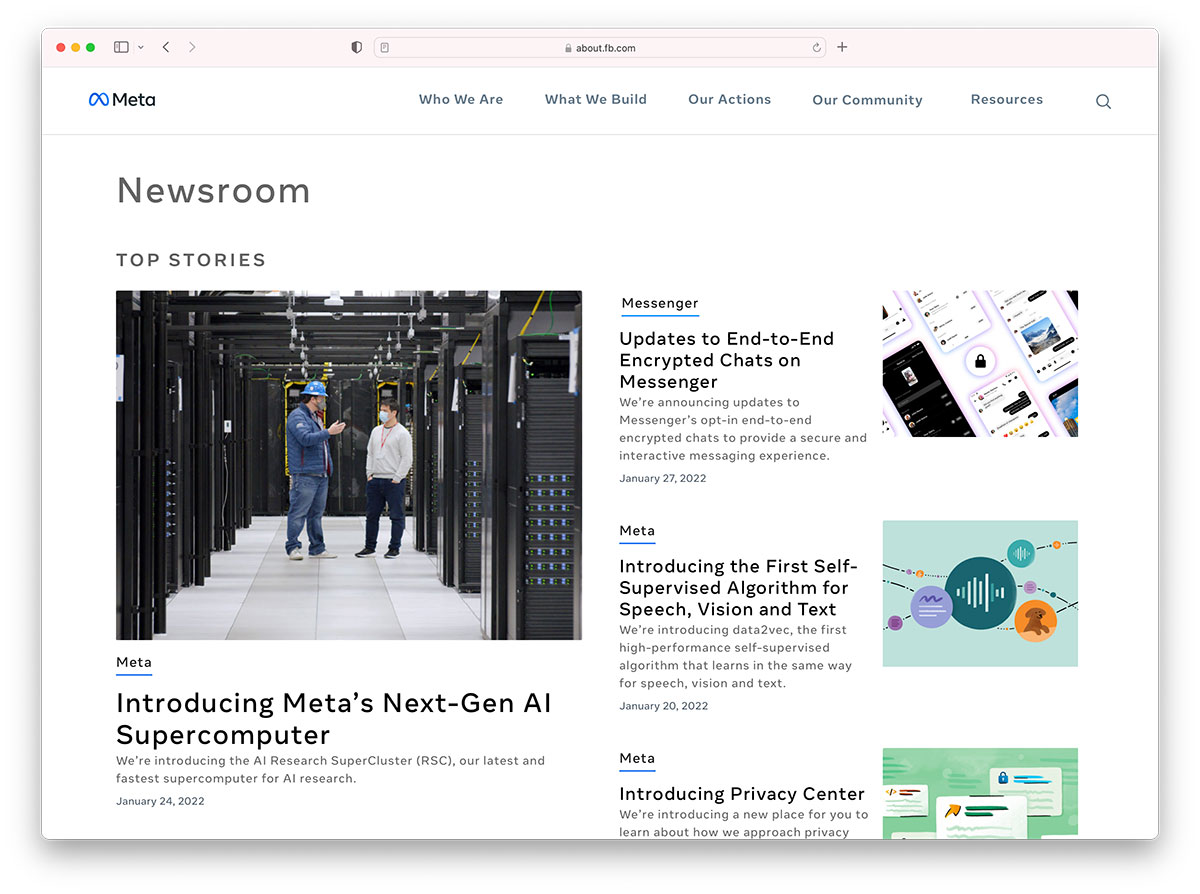 meta newsroom page based on WordPress