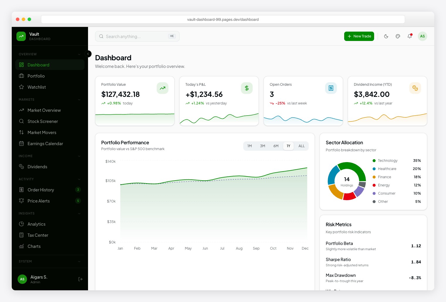 Vault Dashboard - Robinhood-inspired investment admin with portfolio tracking