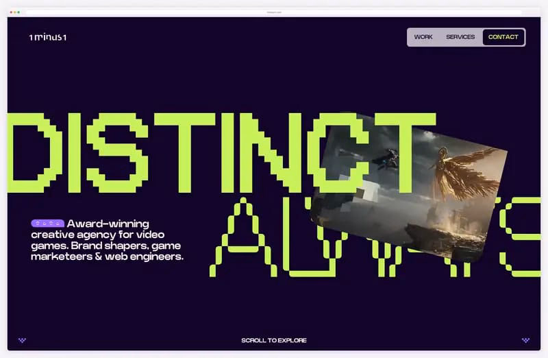 1Minus1 website animation: game key art cycling on a WebGL card behind the pixel headline