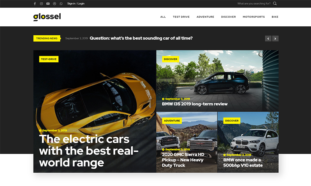 Glossel - Car Blog Website Template based on Elementor WordPress Theme