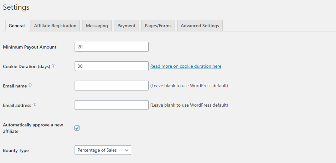 Affiliates Manager Settings Page