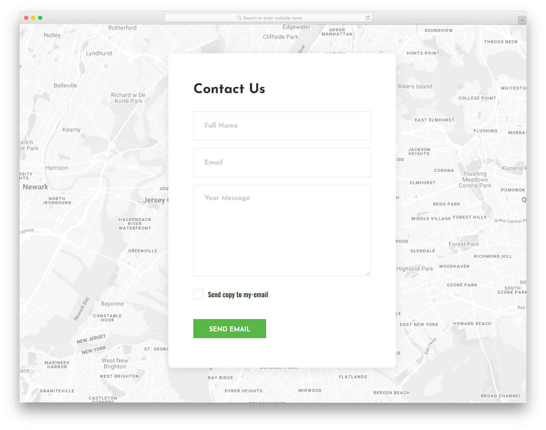 Contact form with green accent and a map
