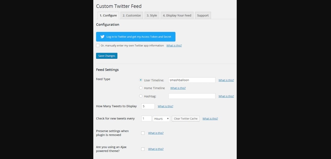 Custom Twitter Feeds settings page