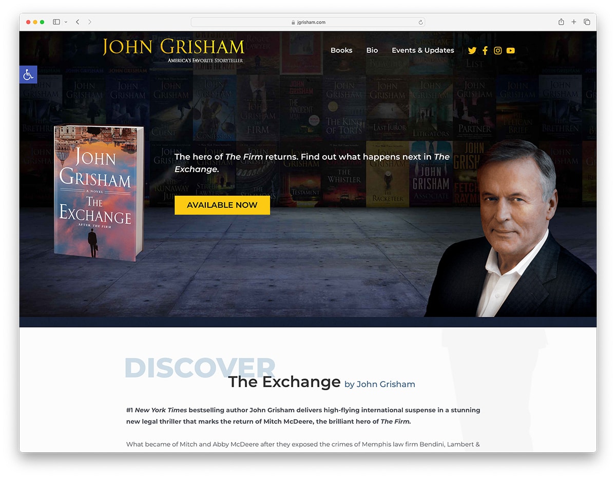 John Grisham - popular author website made with WordPress