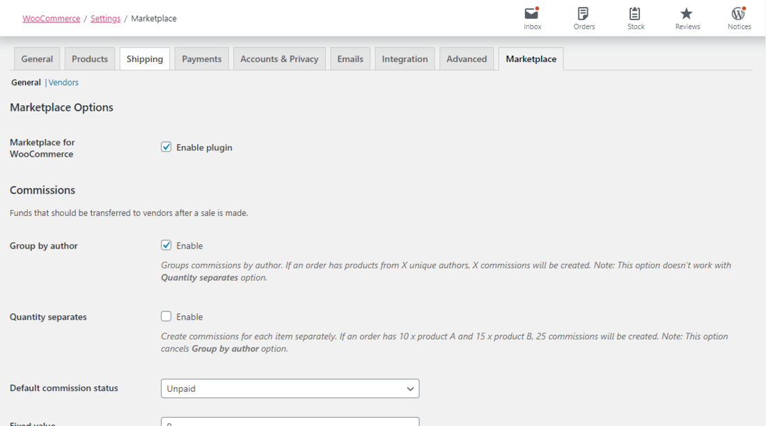 Marketplace for WooCommerce settings page