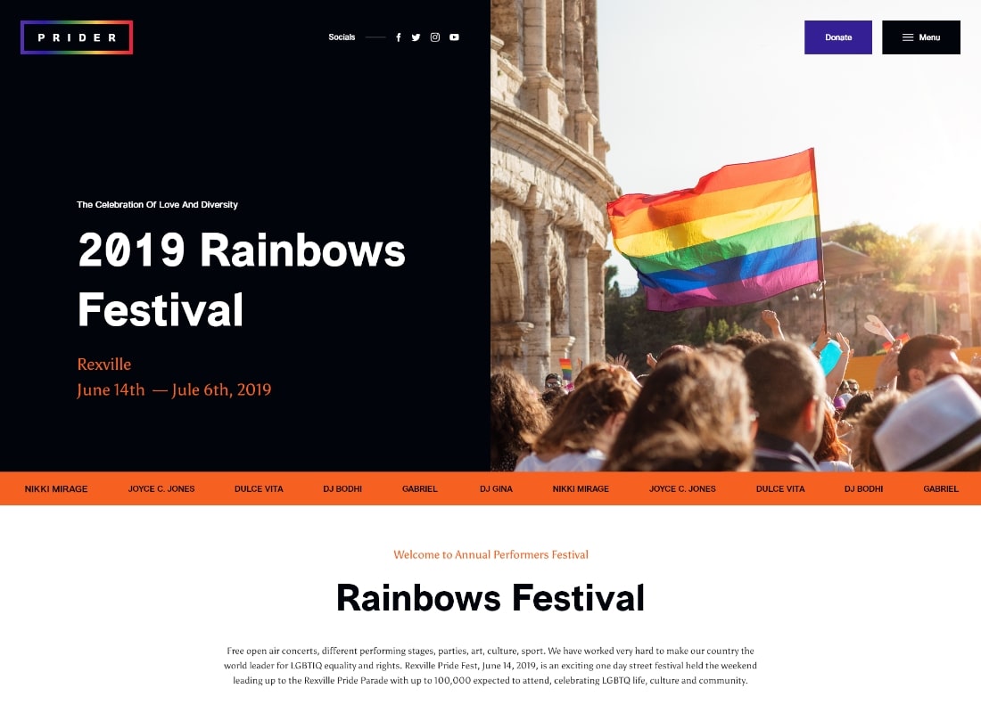 Prider | LGBT & Gay Rights Festival WordPress Theme + Bar