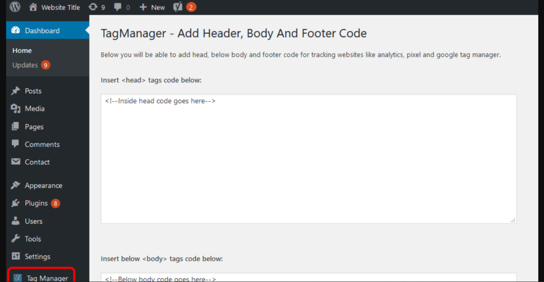 Tag Manager – Header, Body and Footer By YYDevelopment Settings