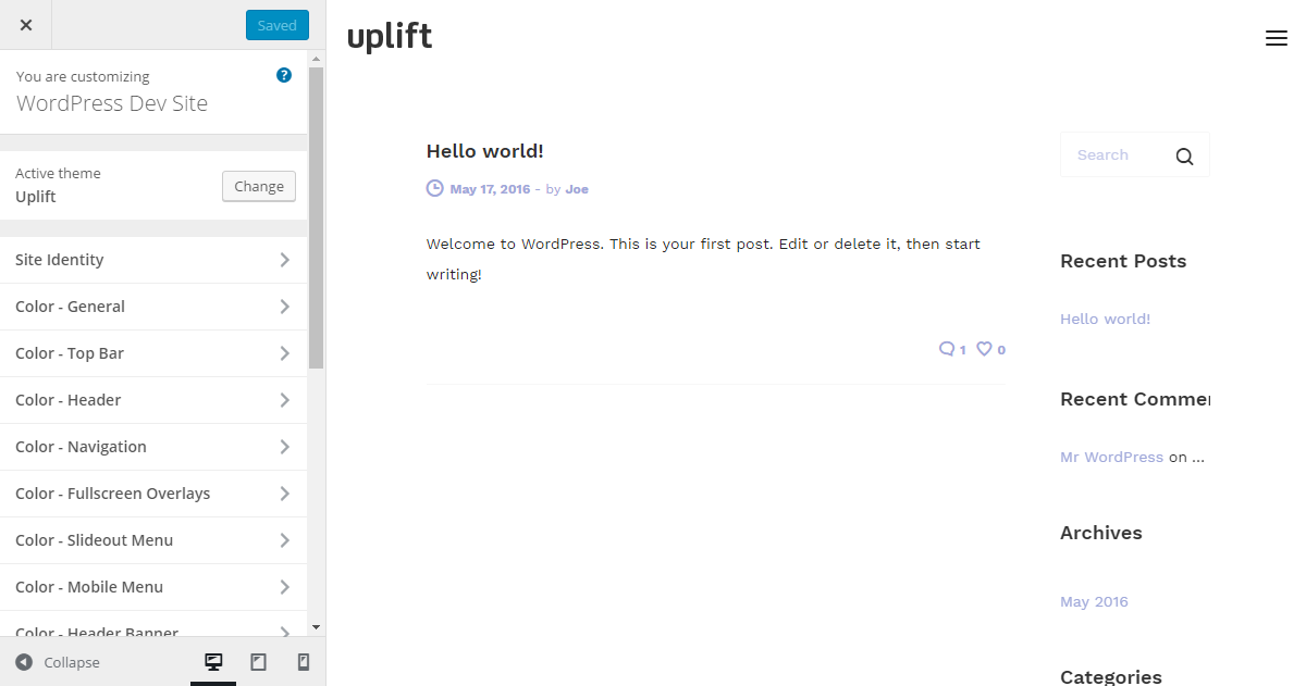 Uplift WordPress Theme Review Customizer