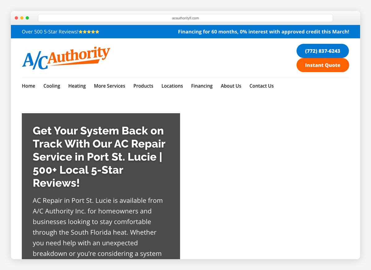 A/C Authority HVAC website homepage