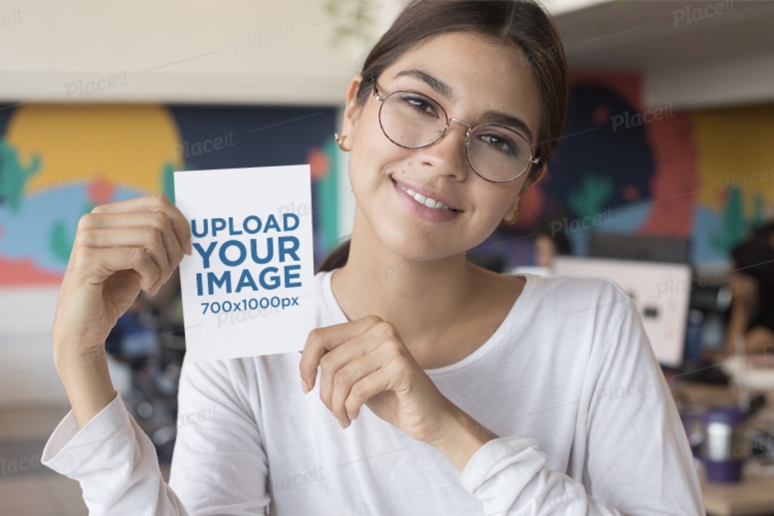 a6 flyer mockup featuring a smiling glasses wearing woman