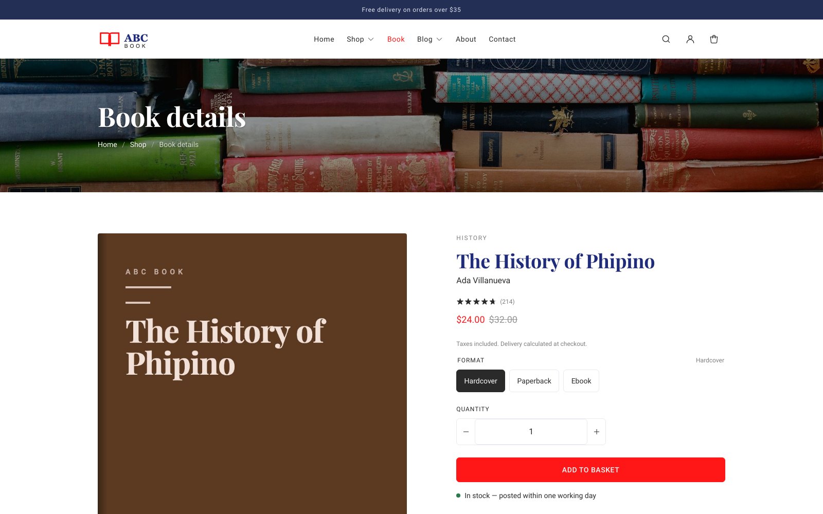 ABC Book Shopify theme product page with format options and rating