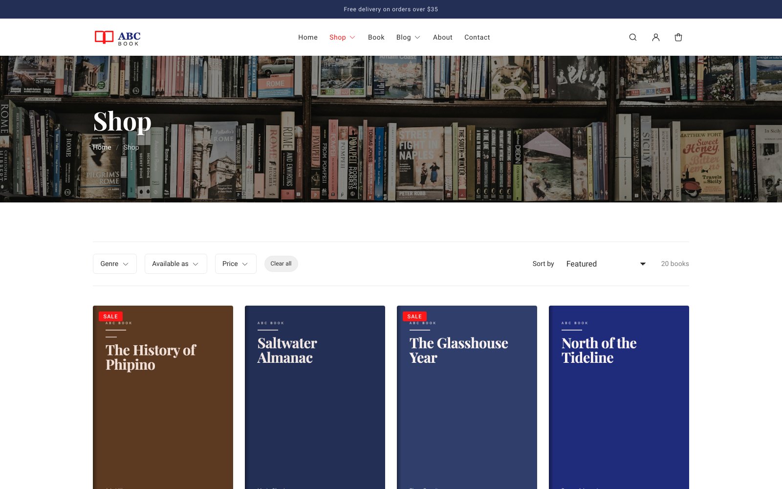 ABC Book Shopify theme shop page with genre and format filters