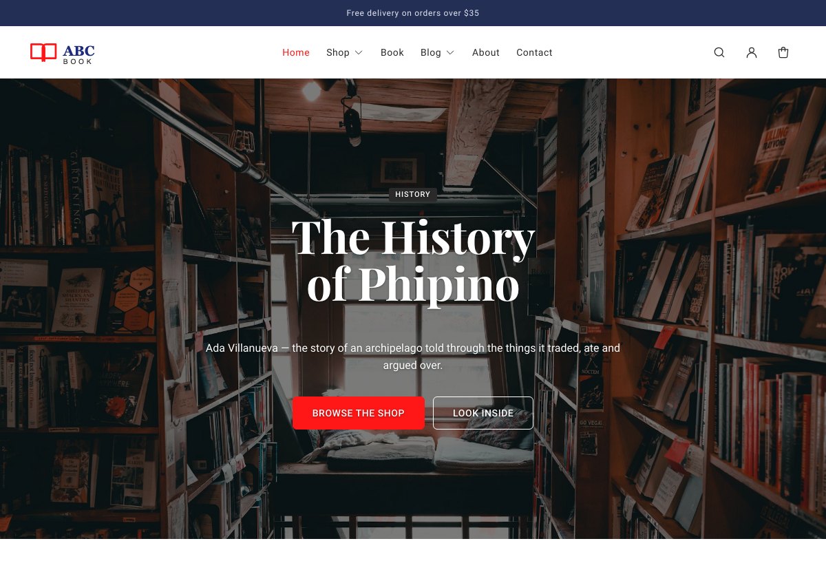 ABC Book free Shopify bookstore theme homepage with a bookshop hero