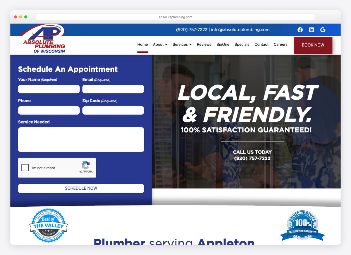 Absolute Plumbing plumbing website homepage