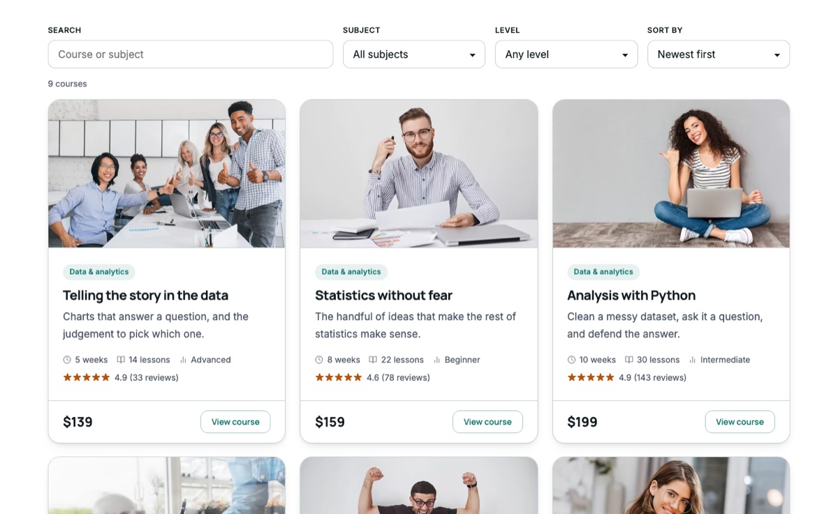 Academia WordPress theme course browser with filters