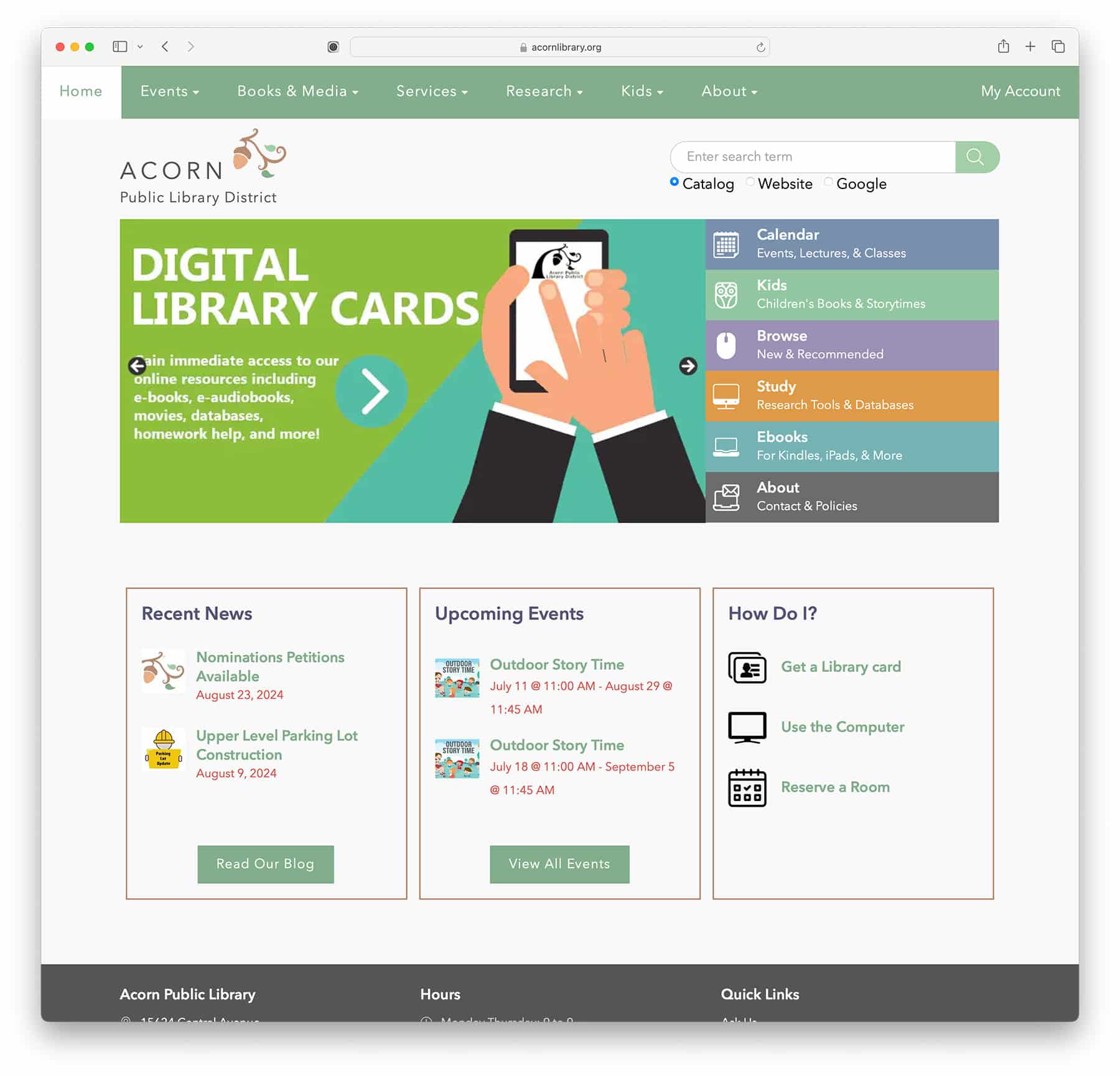 Acorn Public Library website example made with WordPress