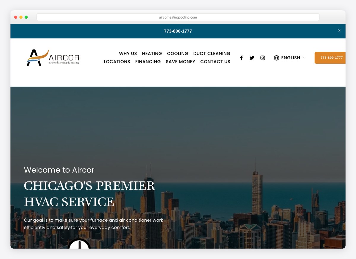 Aircor Heating and Cooling HVAC website homepage