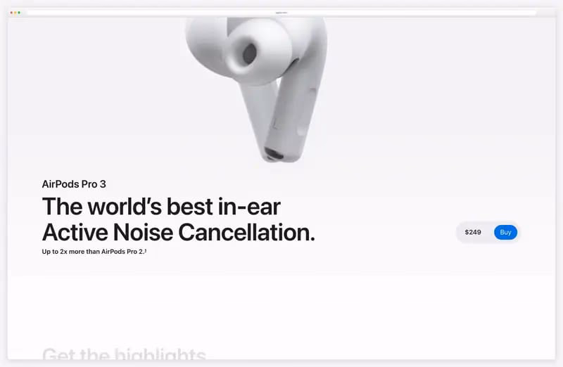 Apple AirPods Pro website animation: hero film of the earbuds, then the highlights carousel as the page scrolls