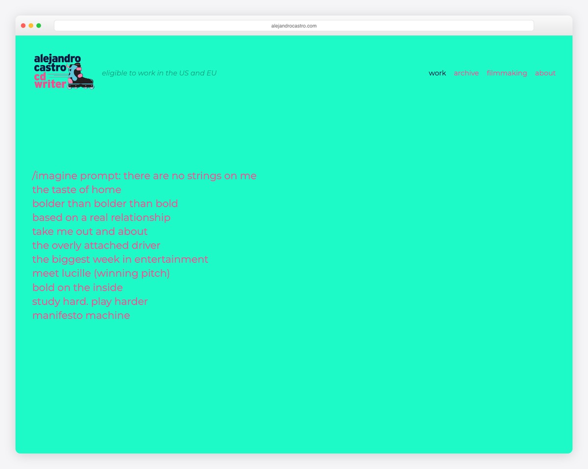 alejandro castro copywriter website - Vivid green & pink color