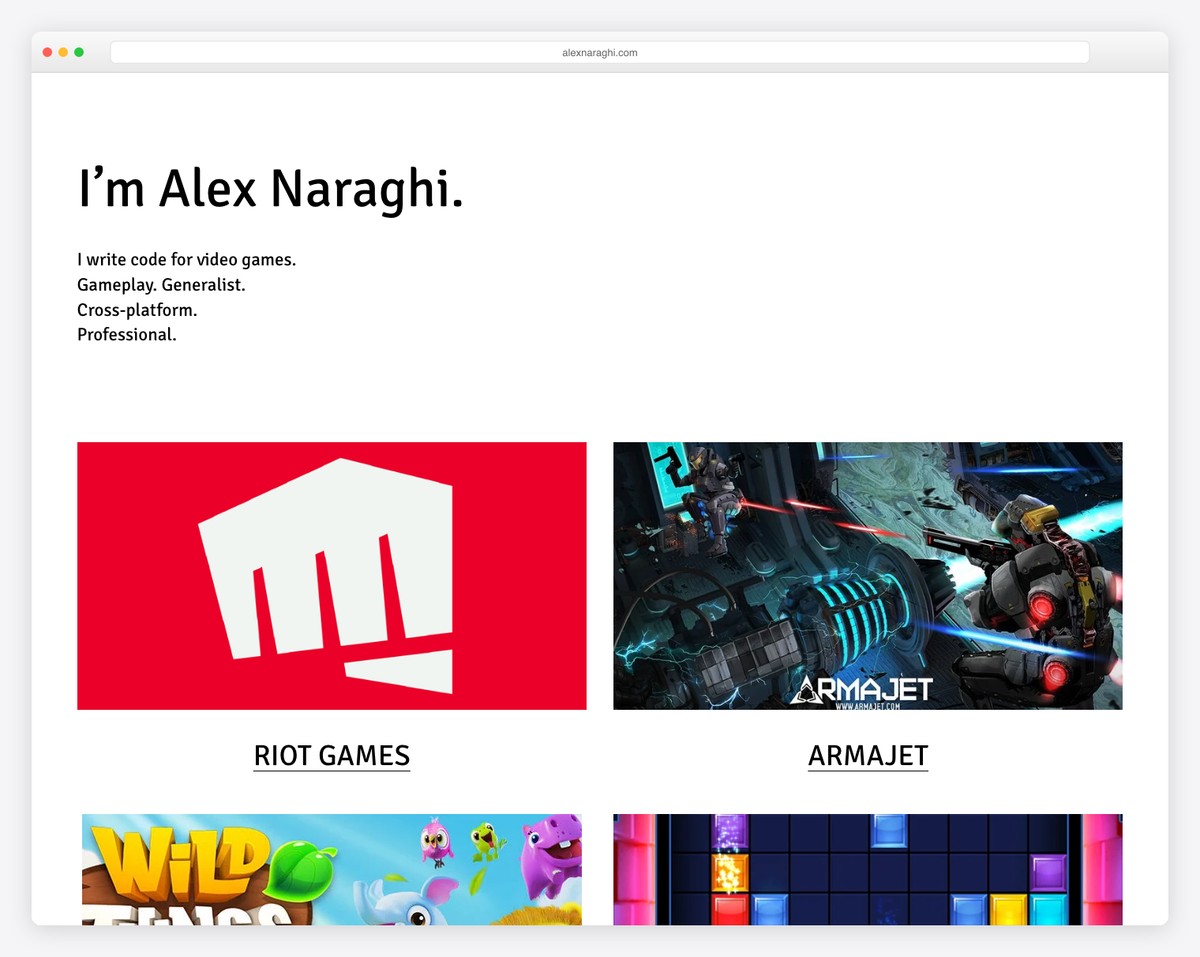 alex naraghi Game Developer resume website