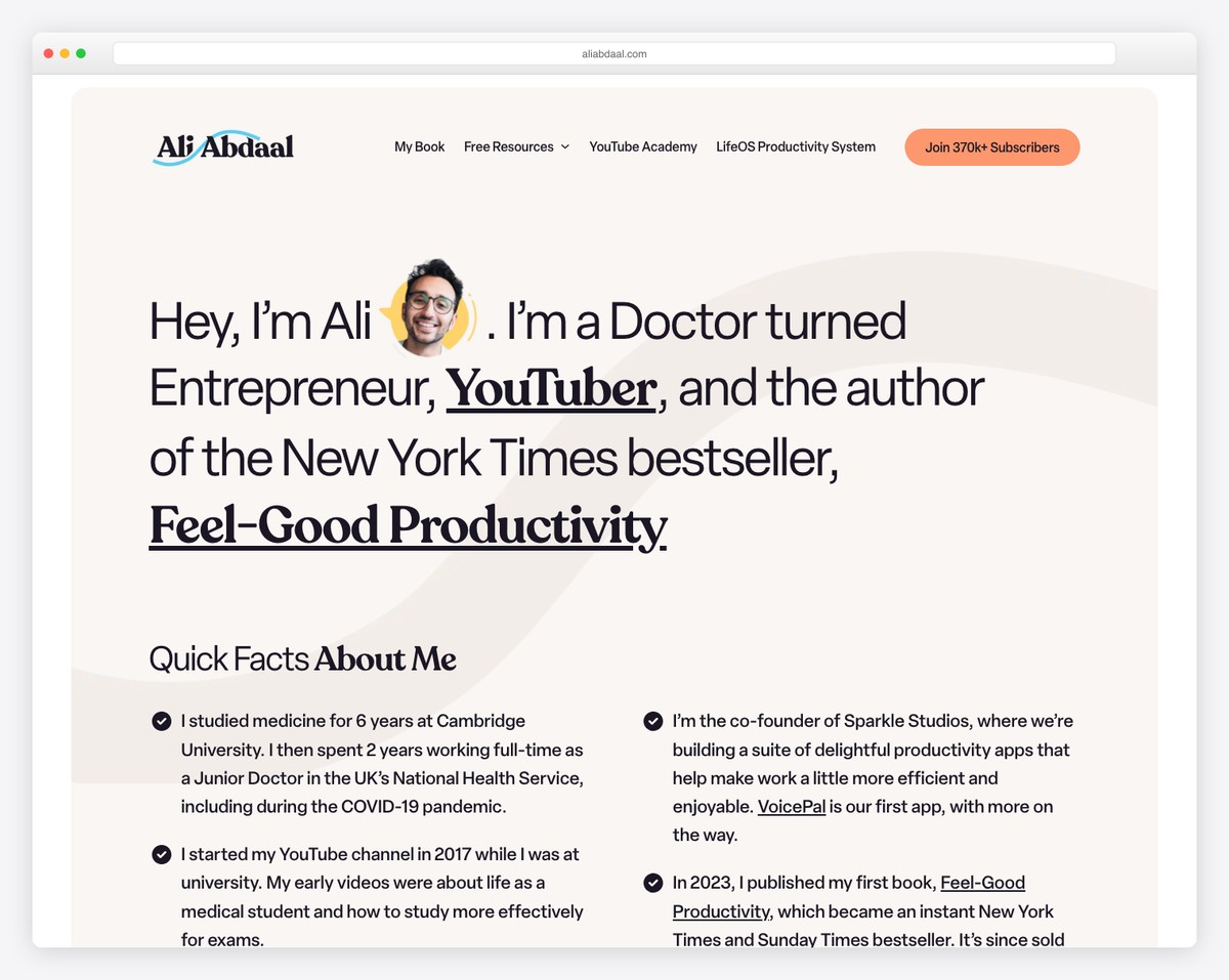 ali abdaal about page example