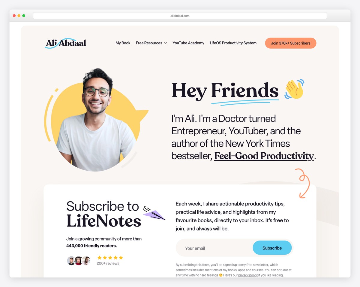 ali abdaal personal brand website example