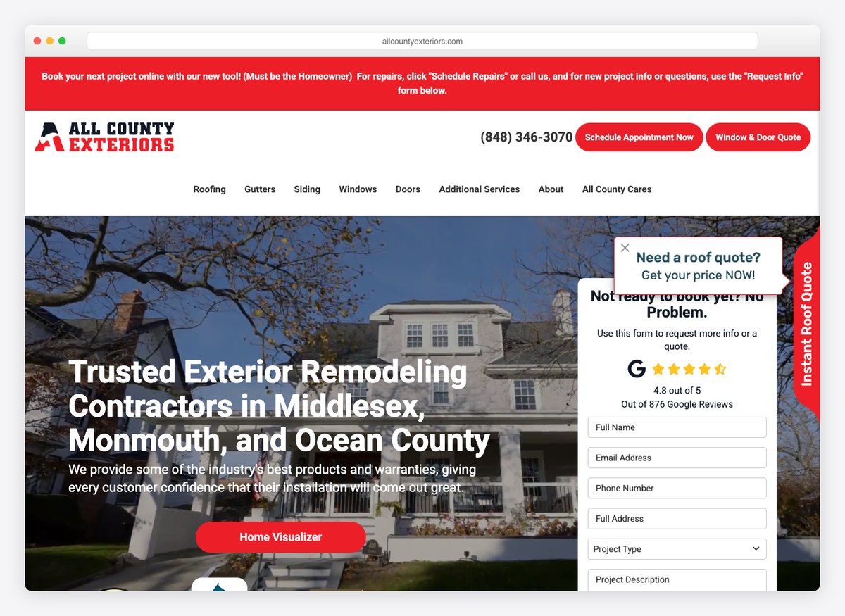 All County Exteriors roofing company website homepage