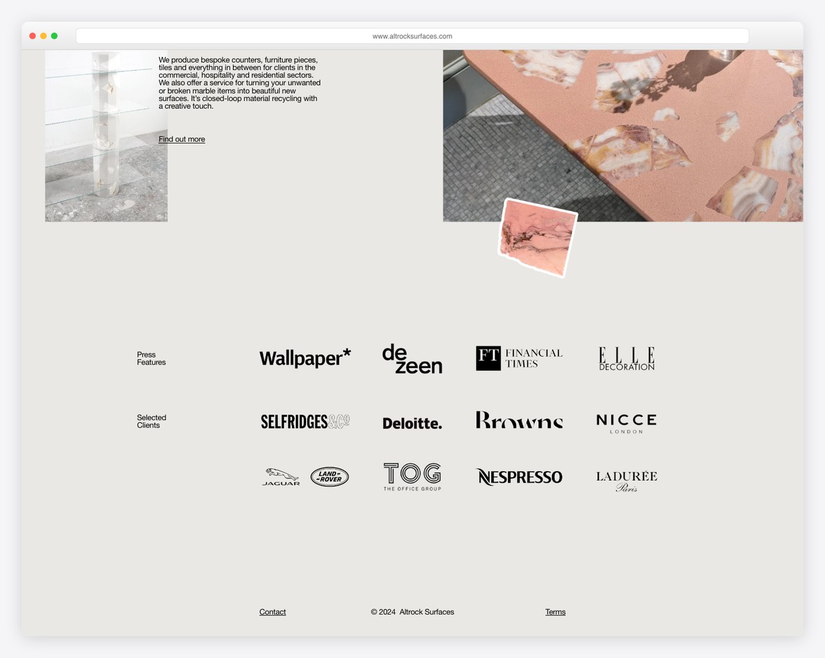 Altrock Surfaces footer with product categories and contact info