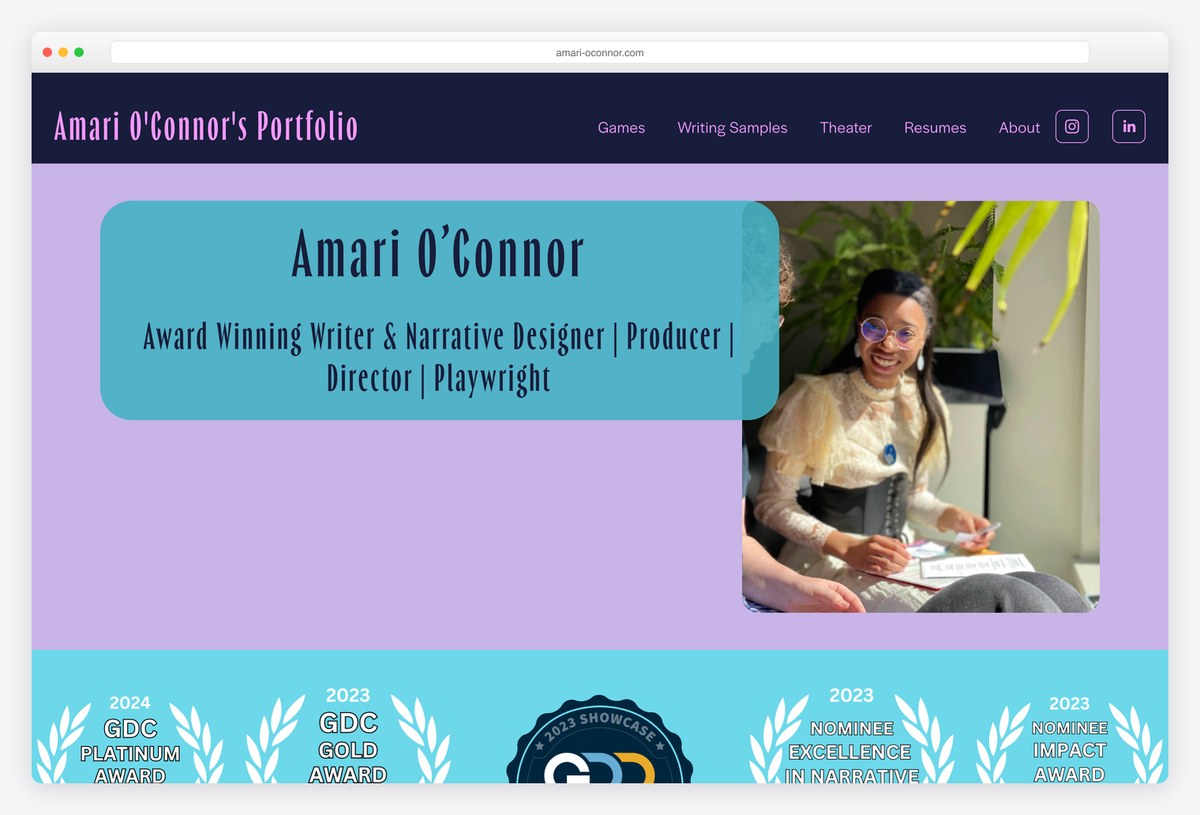 Amari O'Connor narrative designer portfolio website