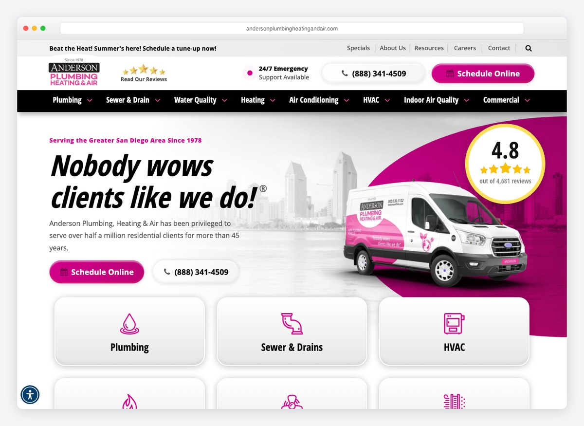 Anderson Plumbing, Heating & Air HVAC website homepage