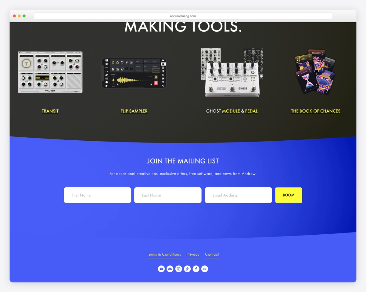 andrew huang musician website - Teal, deep pink & yellow colors