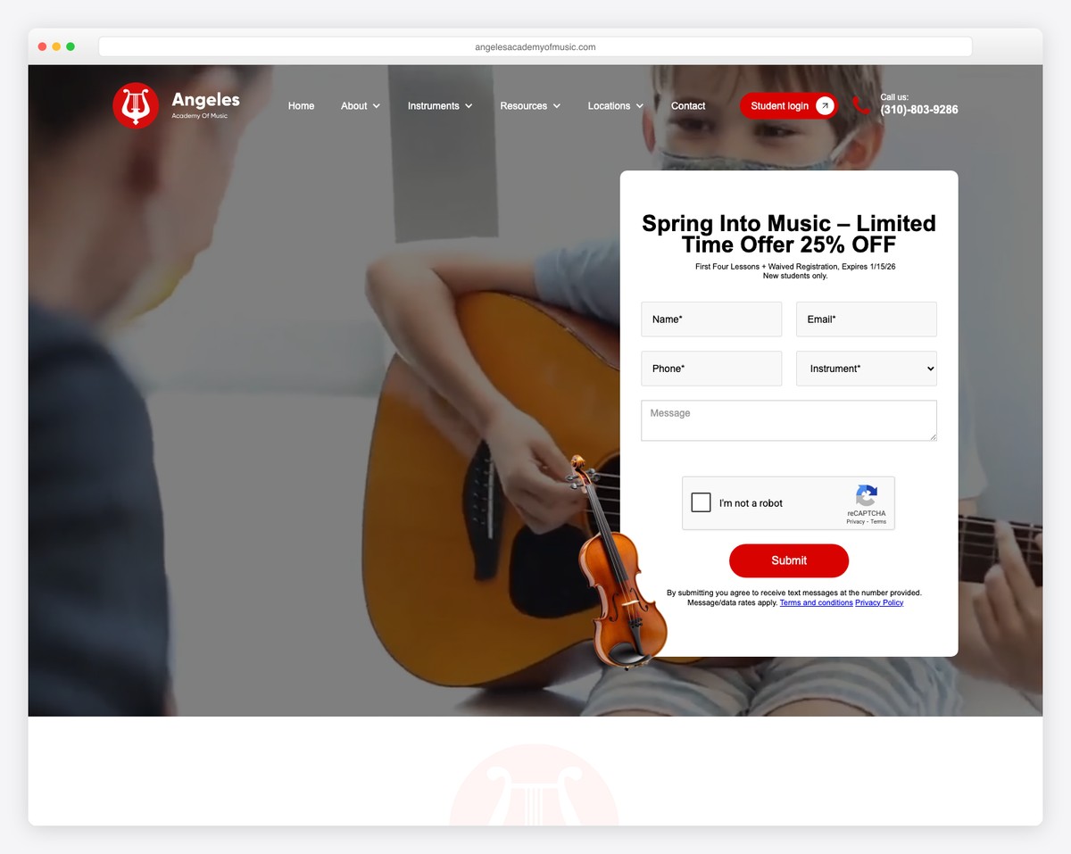 angeles academy of music website example