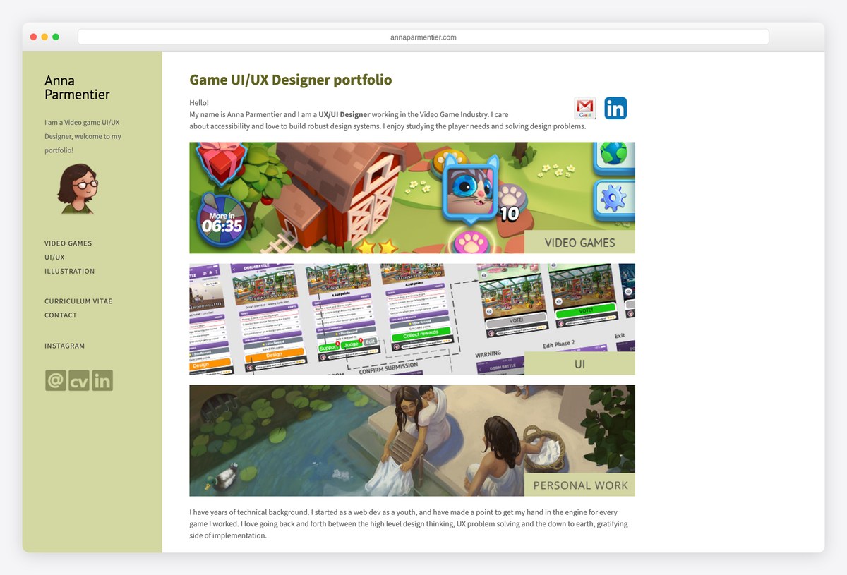 Anna Parmentier game UX designer portfolio website
