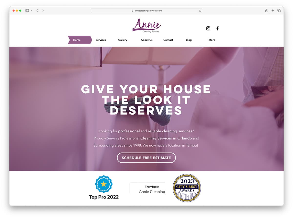 annie cleaning services - award winning company website