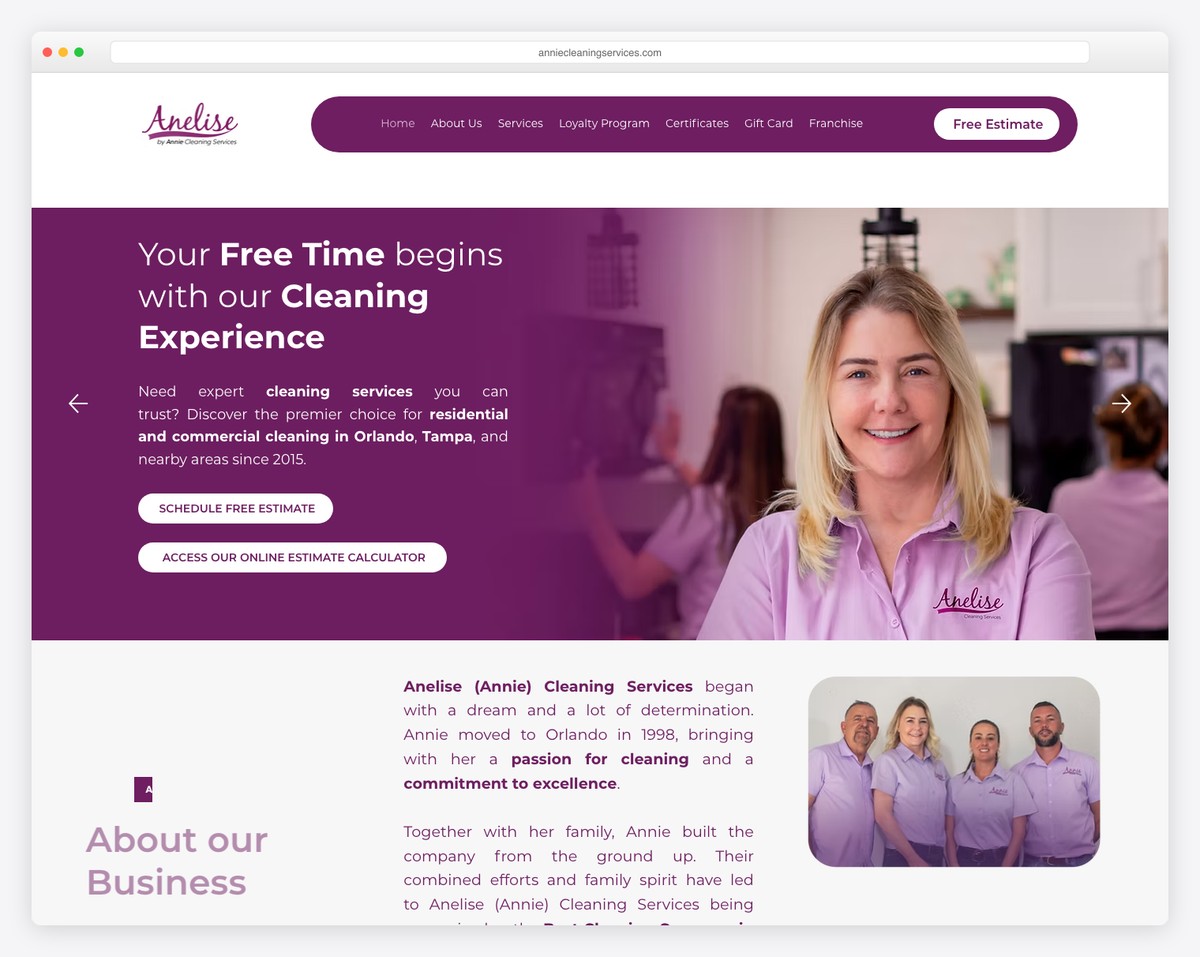 annie cleaning services website example
