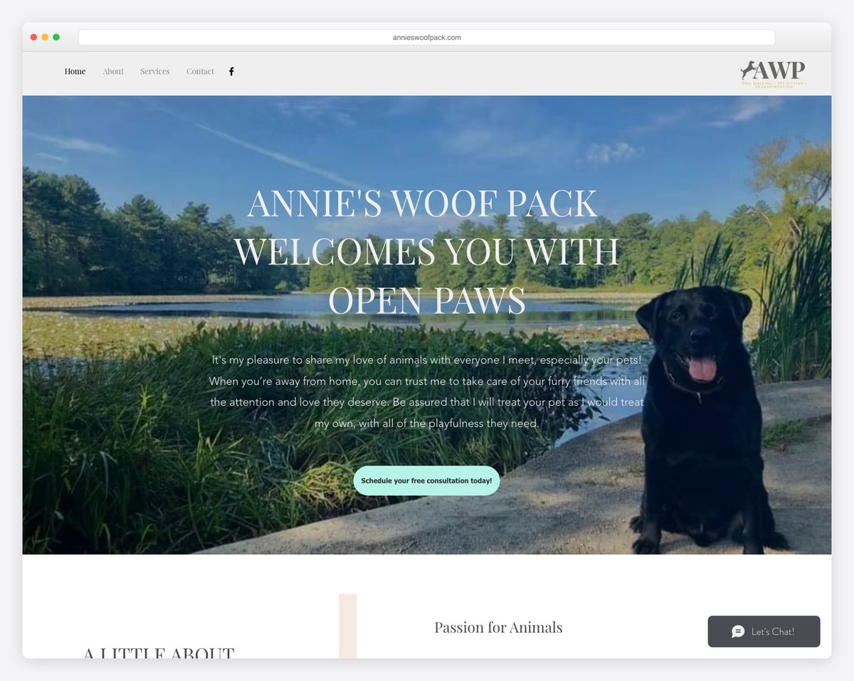 annie's woof pack dog walking & pet sitting website example
