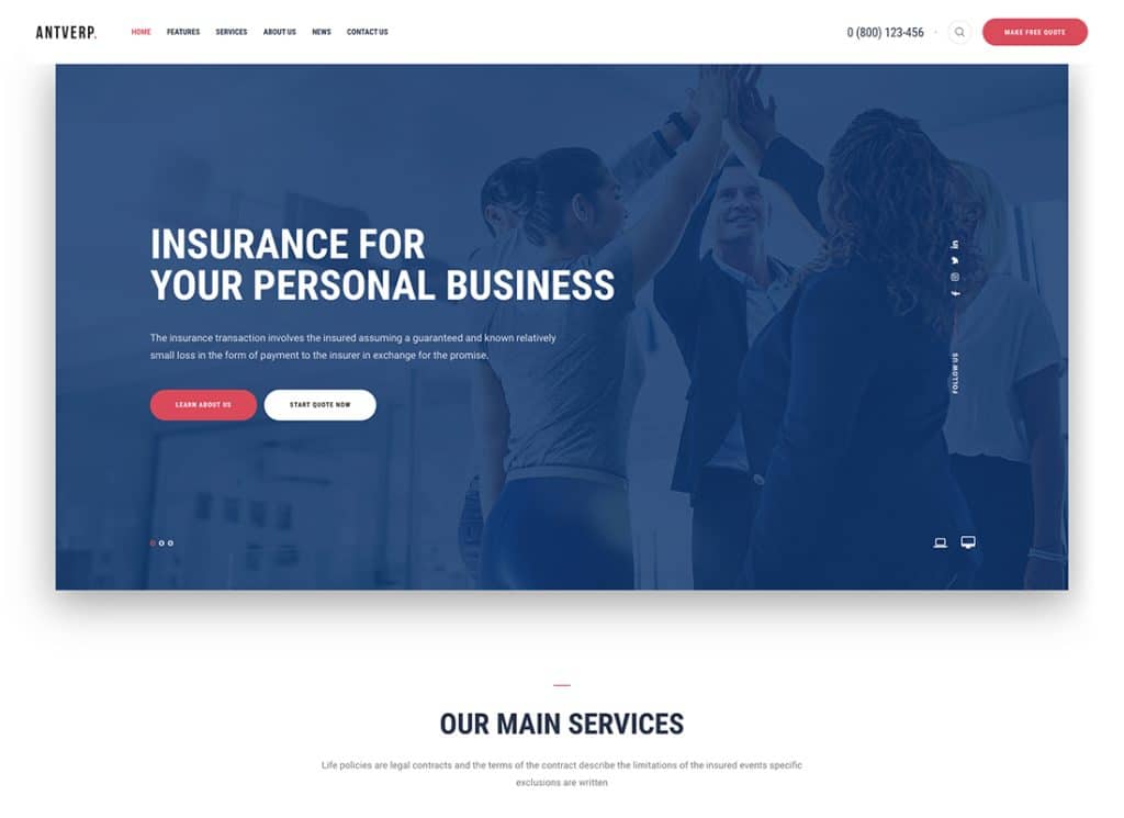 Antverp is an insurance and finance WordPress theme equipped with essential features for a robust online presence. It offers free quote application forms, advanced contact and booking forms, along with outstanding premade pages including about, features, team, services, and portfolio sections. The theme also provides beautiful gallery and blog layouts to effectively showcase your offerings. With compatibility for Financial & Insurance WordPress plugins and the convenience of WPBakery Page Builder, Antverp is an ideal solution for highlighting key services and establishing a corporate reputation for professionalism and reliability.