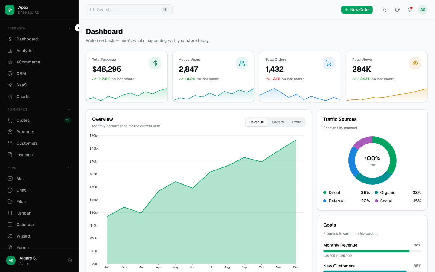 Apex Dashboard Svelte Edition - premium SvelteKit 2 and Svelte 5 admin dashboard template with 36 pages, command palette, and live theme customizer