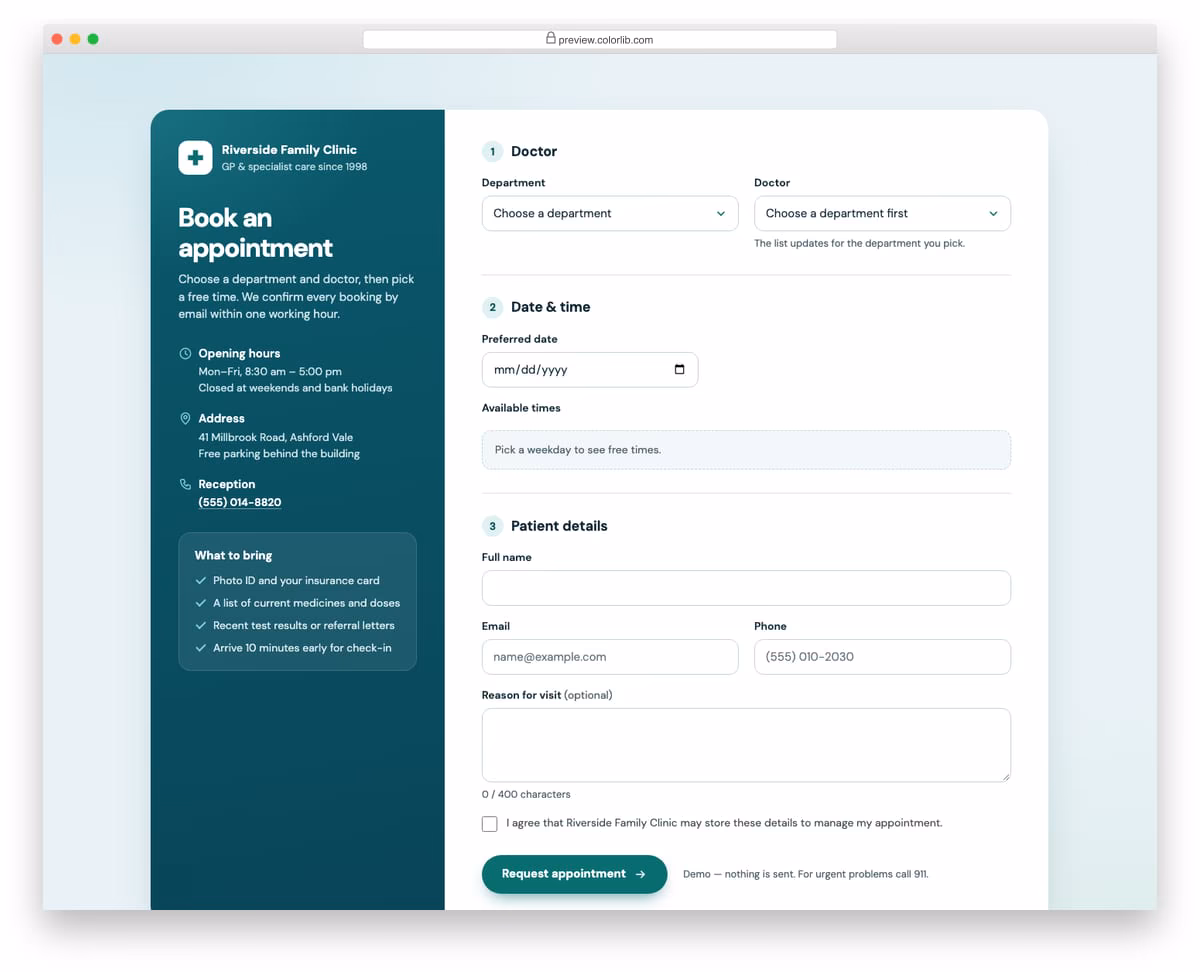 Appointment Form V01: doctor and clinic appointment request with filtered doctors and time slots