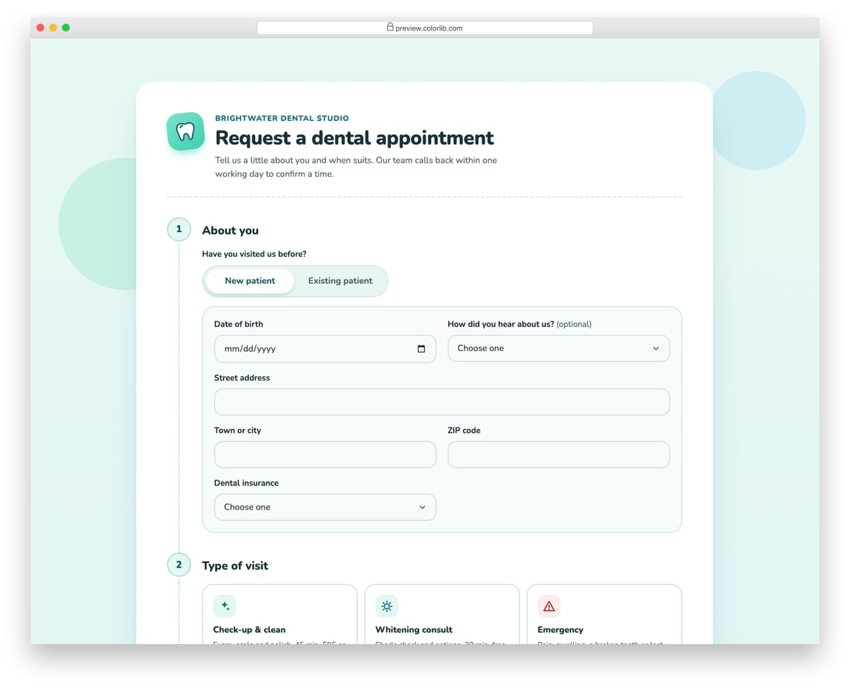 Appointment Form V03: dental practice request with new and existing patient paths