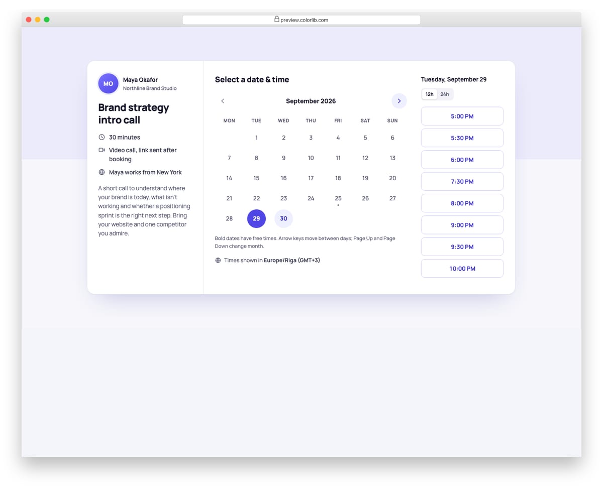 Appointment Form V04: consultation call scheduler with month calendar and time-zone conversion