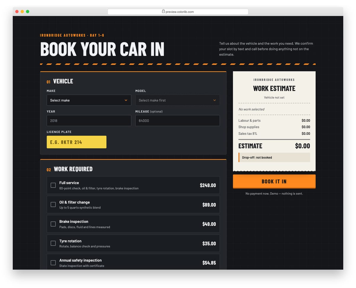 Appointment Form V05: car service and garage booking with a running work estimate