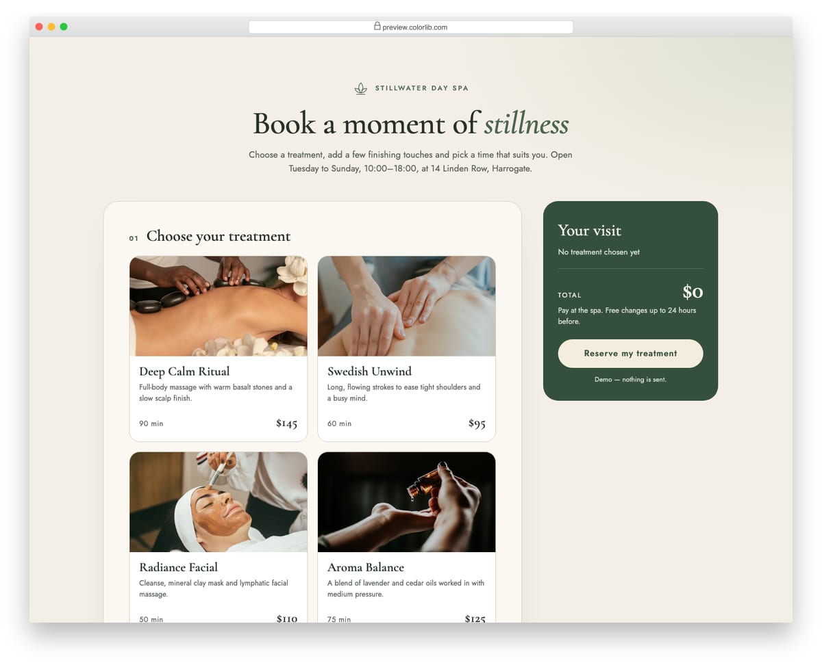 Appointment Form V06: spa treatment booking with add-ons, live total and gift option