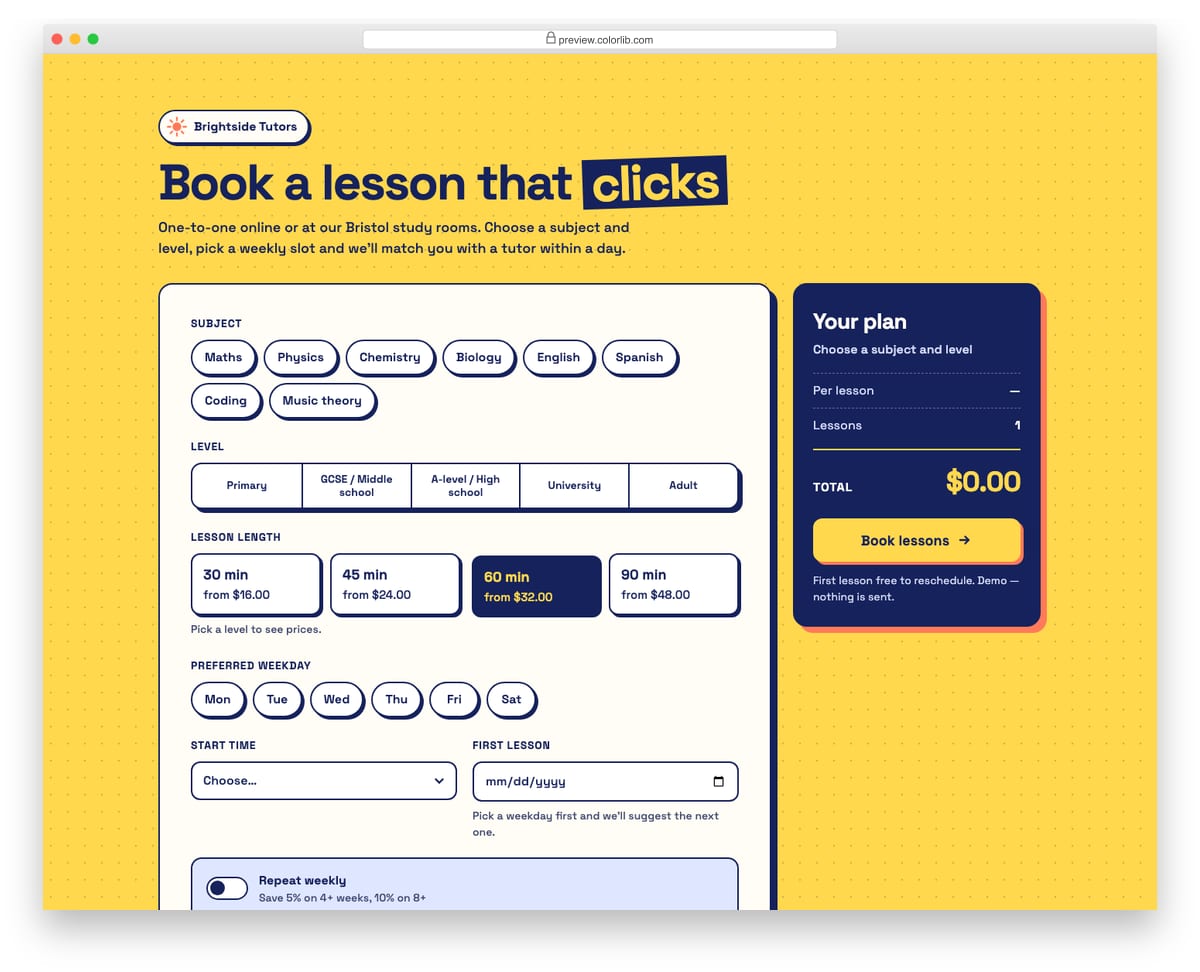 Appointment Form V07: tutoring lesson booking with weekly repeat and bundle pricing