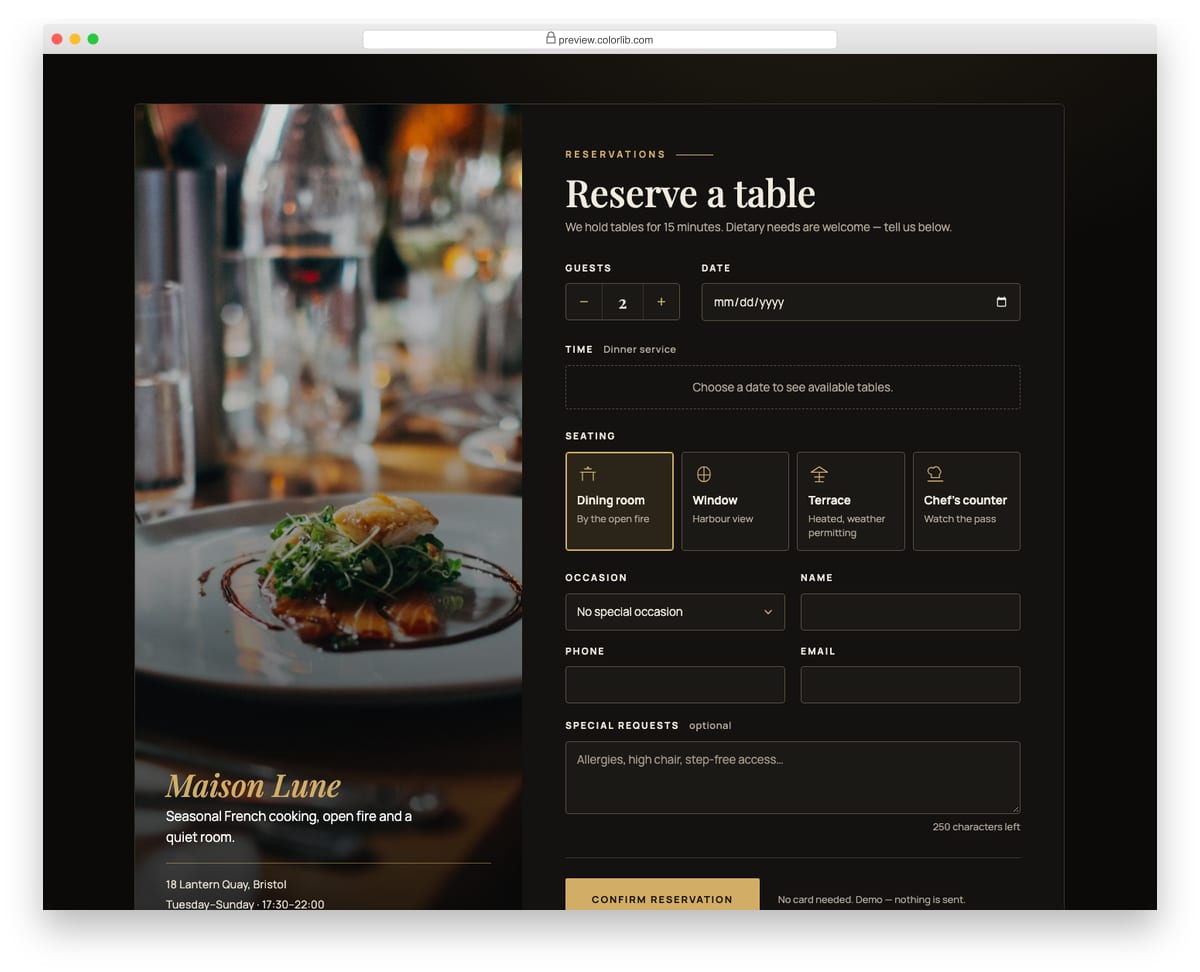 Appointment Form V08: fine-dining table reservation with time slots and a ticket confirmation