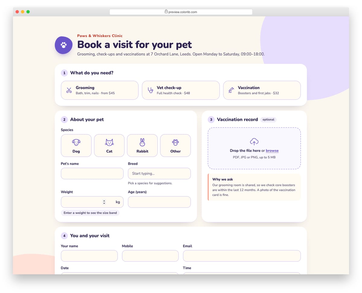 Appointment Form V09: pet grooming and vet appointment with a vaccination record upload