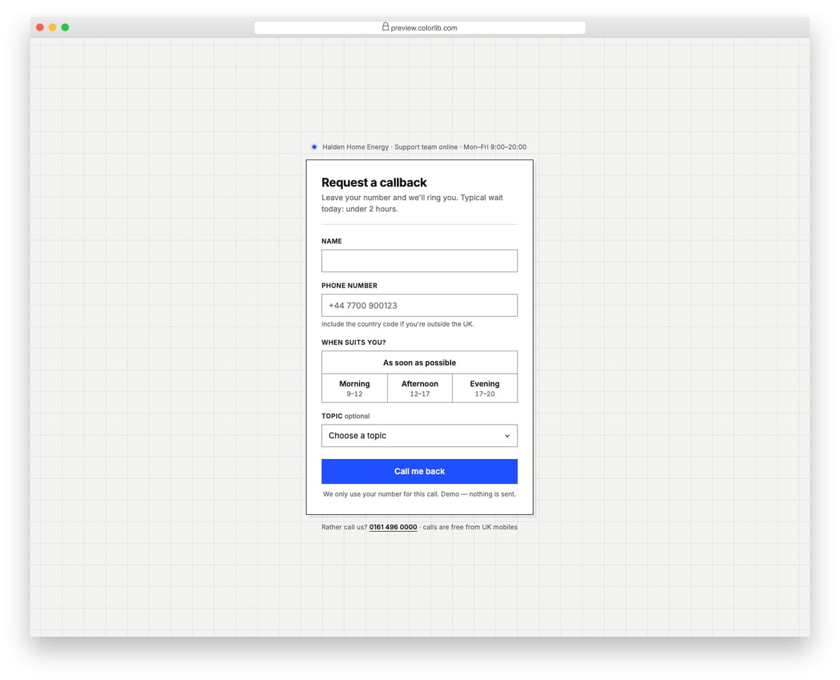 Appointment Form V10: minimal request-a-callback card
