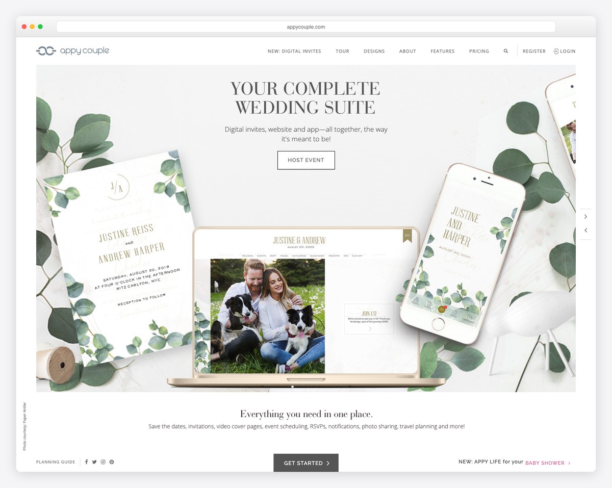 Appy Couple destination wedding website showing travel itinerary, hotel blocks, and multi-day event schedule