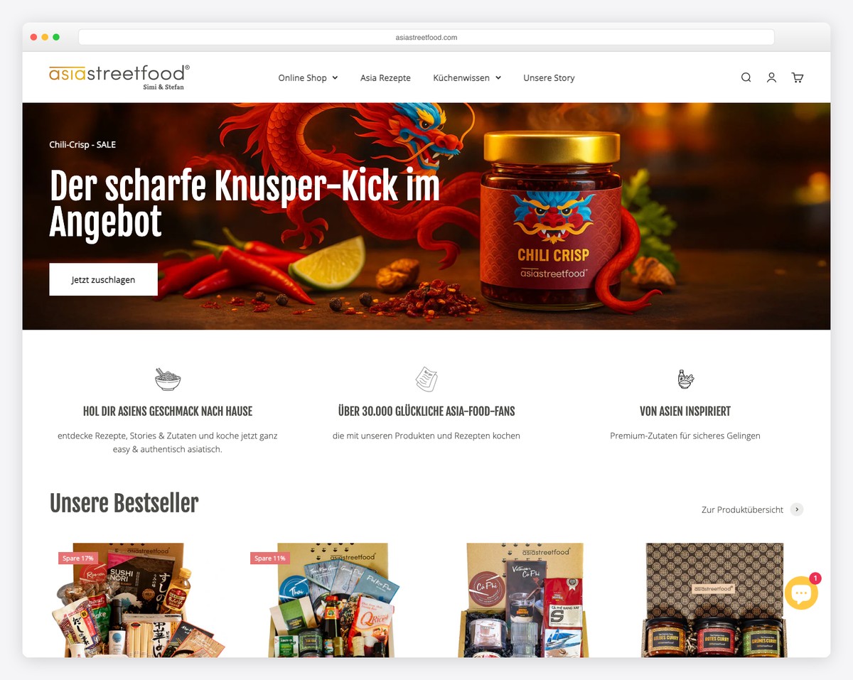 asia street food recipe blog and ecommerce site example in german